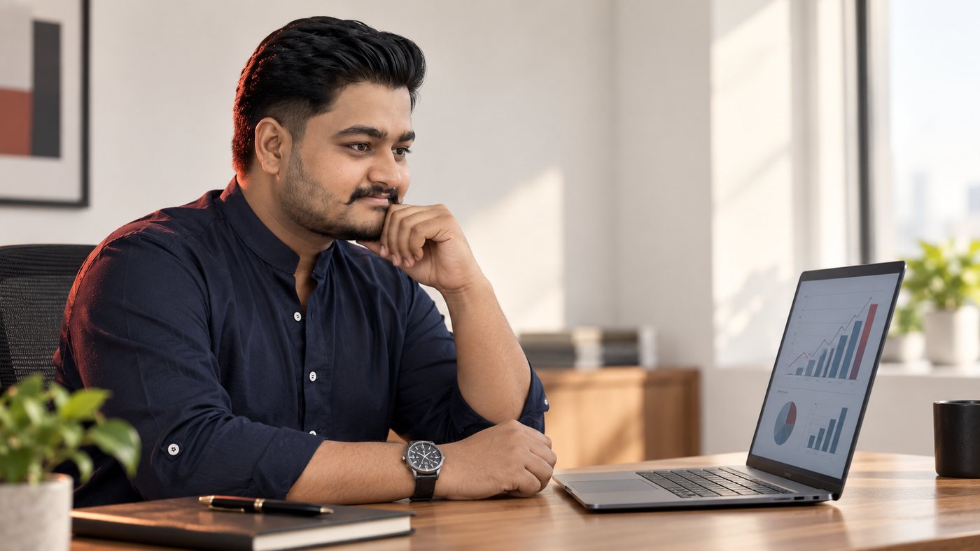 Dwarkesh at his desk, looking at sales charts on a laptop